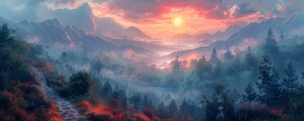 A rugged mountain path leading through dense forests and towards a distant, glowing horizon. The digital illustration captures the essence of thrilling landscapes and untamed beauty, focusing on the