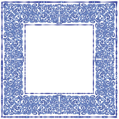 Vector decorative circular pattern blue and white design with frame or border. Baroque Vector mosaic. Traced watercolor.