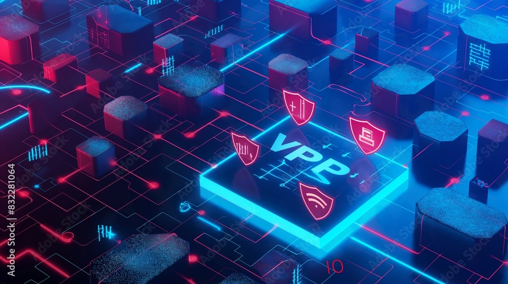 Poster a conceptual image of a virtual private network (vpn) protected by ai, with visual metaphors of shie
