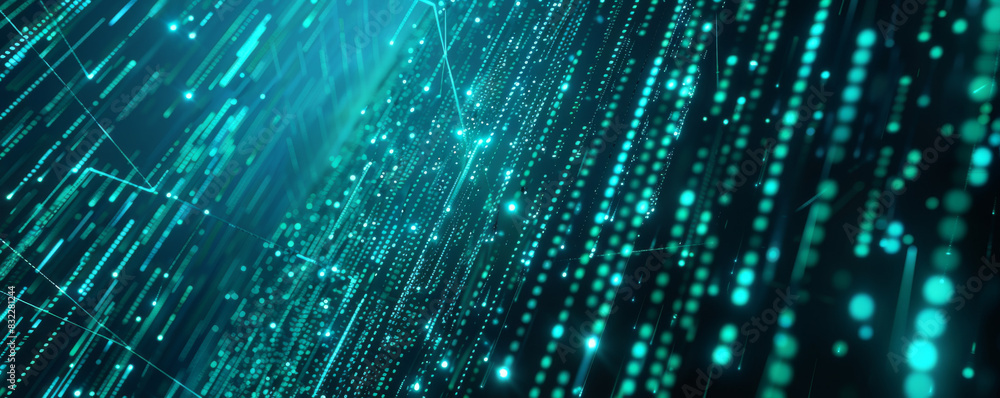 Poster abstract digital background with blue glowing dots and lines on dark green background, representing 
