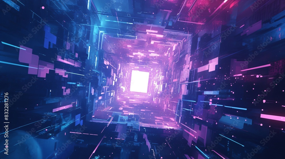 Aufkleber futuristic and tech-savvy: racing through a digital tunnel illuminated by blue and purple lights wit
