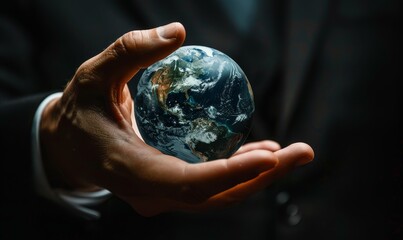 Fototapeta premium hand of Businessman touching virtual Earth globe, business and save world concept