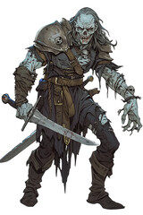 Fototapeta premium A full-body cartoon character from a fantasy RPG, undead and posed menacingly, isolated on a transparent background