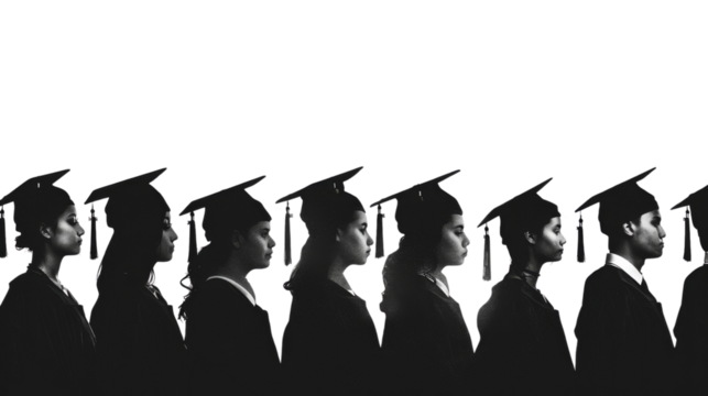 Silhouettes of a row on graduating students with graduate hats