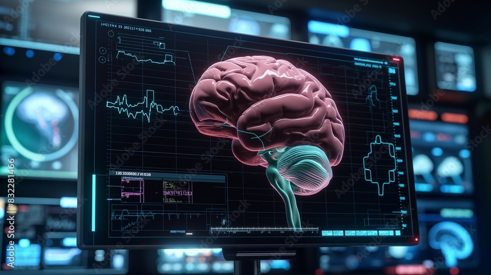 Poster a sophisticated diagnostic screen showing a 3d model of a brain with a neural implant in place, moni