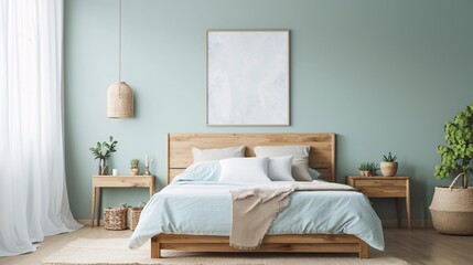 A simple and clean bedroom with wooden furniture. Light green and light blue walls A blank white wall art piece hangs on the wall above the bed. wooden bedside table Plants in pots, soft light,