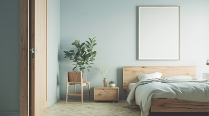 A simple and clean bedroom with wooden furniture. Light green and light blue walls A blank white wall art piece hangs on the wall above the bed. wooden bedside table Plants in pots, soft light,