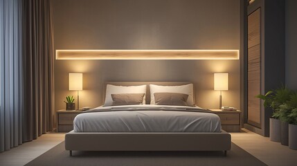 A modern bedroom with a large bed, night stands on each side of the headboard and two wall lamps above it. The room is illuminated in the style of warm lighting from these lights. There is carpeting
