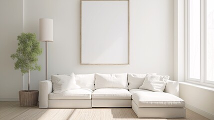 A white wall with an empty picture frame. A large floor lamp beside the sofa in the living room. A simple and elegant style with a minimalist, modern interior design in the scandinavian style. Large