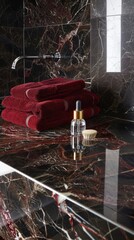 a modern bathroom countertop. Highlight the glossy finish of the surface, with three folded towels arranged neatly beside an eyedropper placed strategically to catch the viewer's attention.