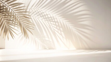 Blurred shadow from palm leaves on light cream wall. Minimalistic beautiful summer spring background for product presentation.