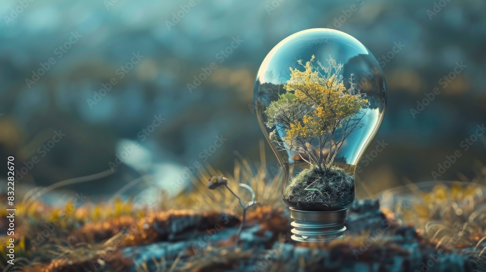 Poster a concept image of a light bulb filled with a miniature landscape, representing creativity and new i