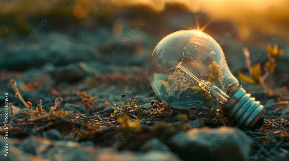Poster a concept image of a light bulb filled with a miniature landscape, representing creativity and new i