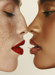 Obraz premium Two women with their lips touching, the ring is in between them, white background, minimalist