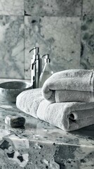 a modern bathroom countertop. Highlight the glossy finish of the surface, with three folded towels arranged neatly beside an eyedropper placed strategically to catch the viewer's attention.
