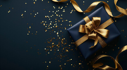 Luxurious Gift Box with Gold Ribbon on Dark Background