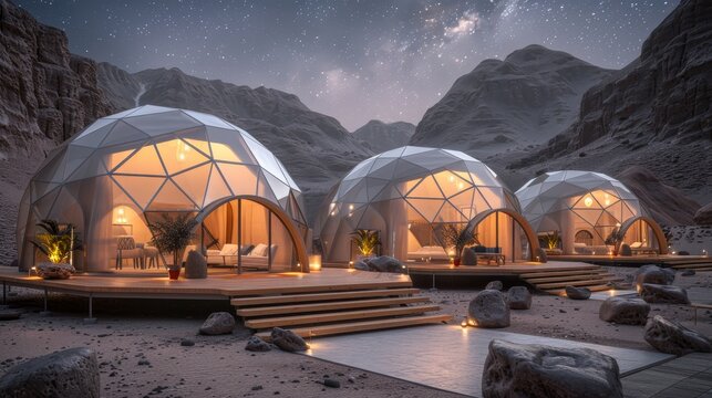 Luxurious geodesic dome tents for desert camping under a mesmerizing starlit twilight sky