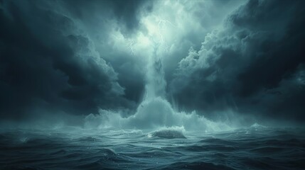 Fototapeta premium Furious ocean storm with towering water spout and dark ominous clouds