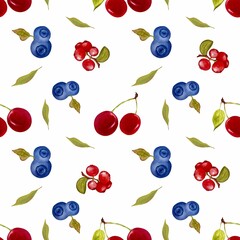 Summer cherry and blueberry seamless pattern. Hand-drawn, watercolor painting. High resolution pattern on a colored background. Suitable for wallpaper, background, packaging, fabrics, etc.