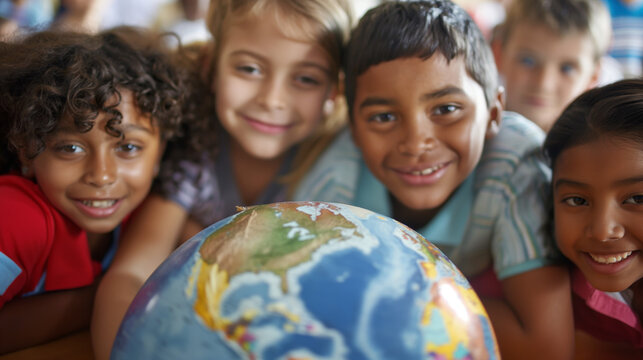 A diverse group of children gather around a globe with excitement, learning about geography and culture - Powered by Adobe
