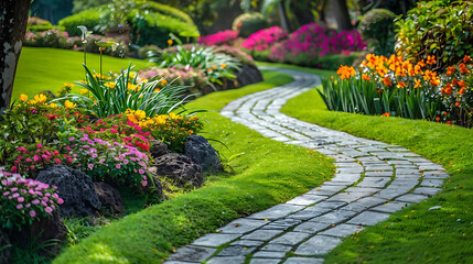 Obraz premium peaceful green garden with winding pathway and blooming flowers
