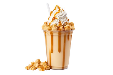 Milkshake with caramel popcorn frappe isolated on transparent background.