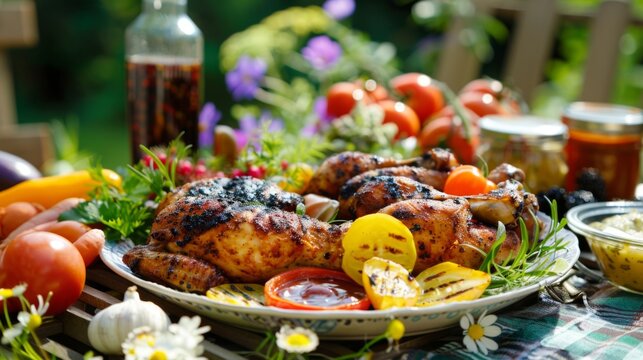 A family enjoying a picnic with a large plate of grilled chicken, surrounded by fresh vegetables and sauces