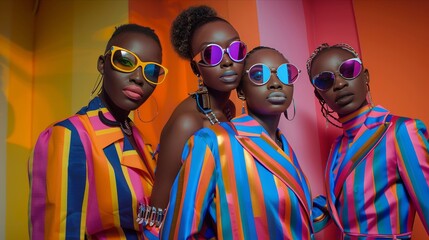 Stylish group in vividly striped outfits displaying contemporary fashion sense