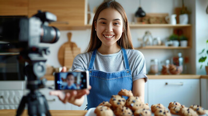 A vlogger presenting a freshly baked batch of cookies before the camera, her mobile phone on a tripod capturing her excitement and detailed explanations for her viewers.