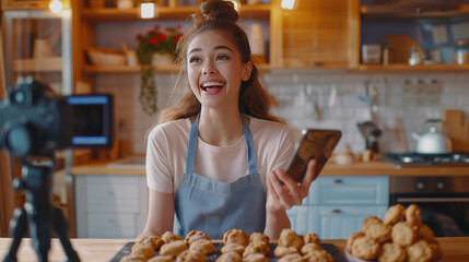 A vlogger presenting a freshly baked batch of cookies before the camera, her mobile phone on a tripod capturing her excitement and detailed explanations for her viewers.