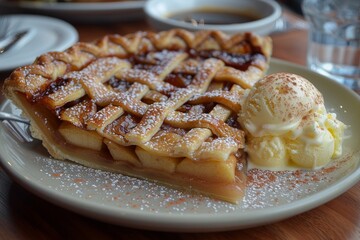 Apple Pie - A slice of apple pie with a lattice crust, served with vanilla ice cream. 