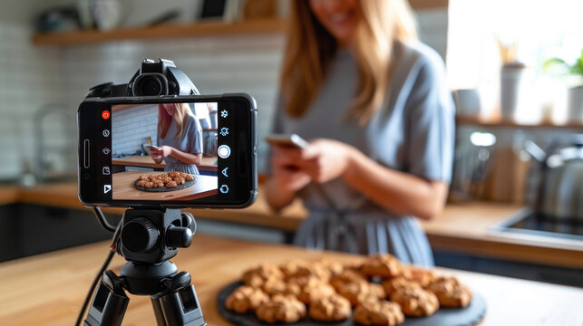 A vlogger presenting a freshly baked batch of cookies before the camera, her mobile phone on a tripod capturing her excitement and detailed explanations for her viewers.