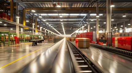 Fototapeta premium parcels traveling along the conveyer belt, highlighting the efficiency of the sorting process and emphasizing the diversity of packages.