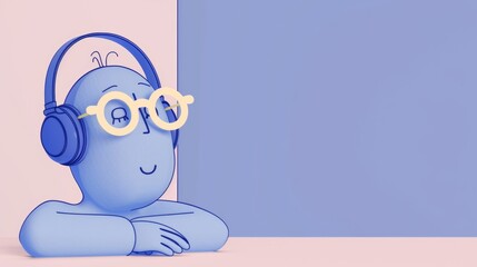 Minimal scene of sunglasses and headphone on human head sculpture, Music concept, 3d rendering. 3d. Illustrations