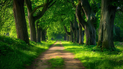 Obraz premium peaceful tree - lined path in a green woodland