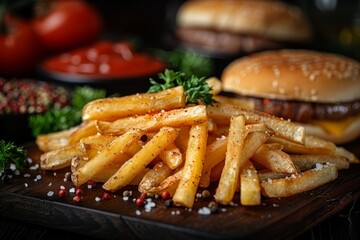 Professional food photo of appetizing and delicious fast food French fries, detailed close-up shot