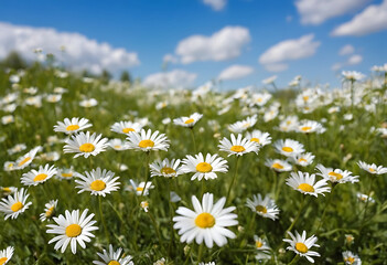Fototapeta premium A field of daisies blooming under a clear blue sky with fluffy white clouds. Ideal for promoting spring events, showcasing nature's beauty, or adding a cheerful touch to any project.