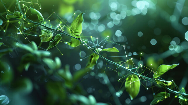 An abstract scene where digital nodes and organic vines interlock, symbolizing the fusion of nature and technology in a harmonious network. - Powered by Adobe