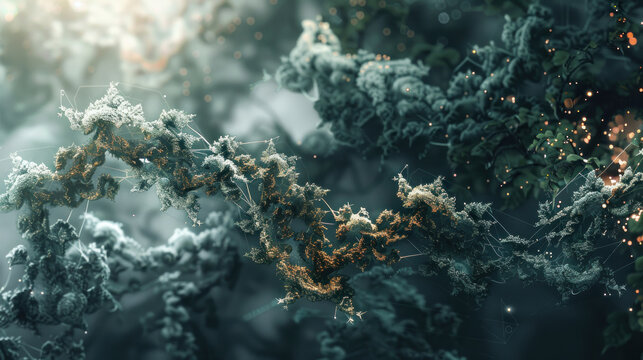 An abstract scene where digital nodes and organic vines interlock, symbolizing the fusion of nature and technology in a harmonious network.