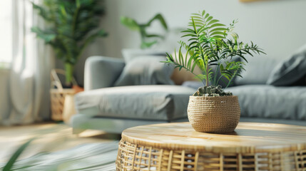 Bright living room scene with a wooden coffee table, a lush houseplant, and a wicker basket, all arranged near a stylish grey sofa for a natural, cozy look.