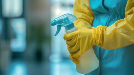A person is holding a spray bottle with a yellow glove on. The bottle is blue and has a blue cap