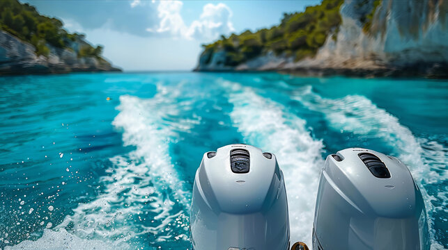 Outboard motors on speedboat creating waves in crystal clear turquoise sea