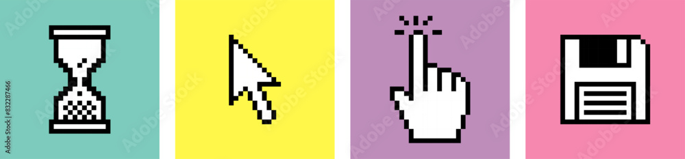 Poster hand click cursor. pointer icon. diskette or floppy disk. set of pixels elements. ui. y2k trendy sti