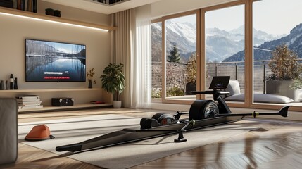 An advanced rowing machine for home use, equipped with virtual waterways and real-time stroke analysis, set up in a modern living room.