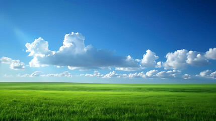picturesque countryside landscape with green fields and a clear blue sky dotted with fluffy white clouds