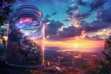 Beautifully detailed fantasy landscape inside a glass jar with magical scenery
