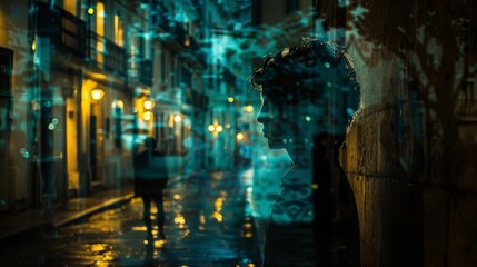 Night city, quiet alley, mysterious vibe, close up, focus on, copy space, moody tones, Double exposure silhouette with shadows