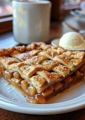 Apple Pie - A slice of apple pie with a lattice crust, served with vanilla ice cream. 