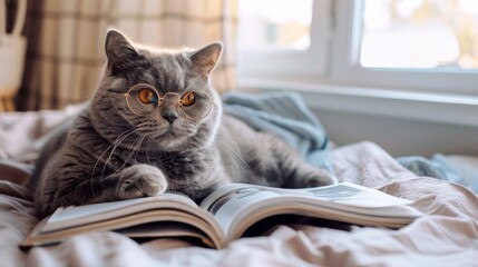 A hefty British Shorthair cat wearing round spectacles, lounging on a bed with a magazine