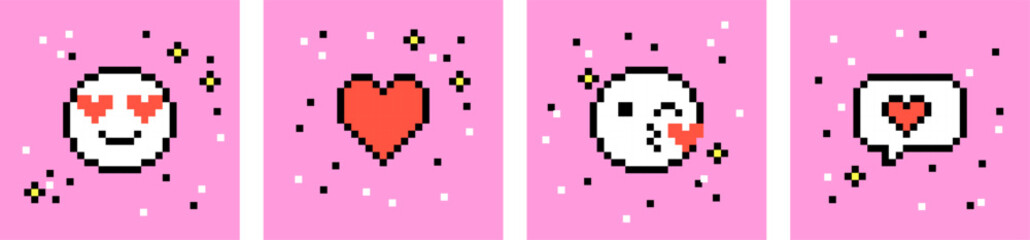 Pixel romantic emoji set. Love, heart, kiss icons. Pixels Y2k trendy playful stickers. 8bit retro elements in the mood of 90's aesthetics. For social media, postcard, flyer. Pink. Vector illustration